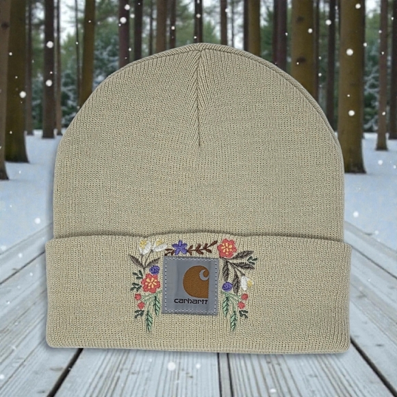 Beige Beanie with Embroidered Beautiful Flowers Unique Women's Hat - Picture 2 of 3